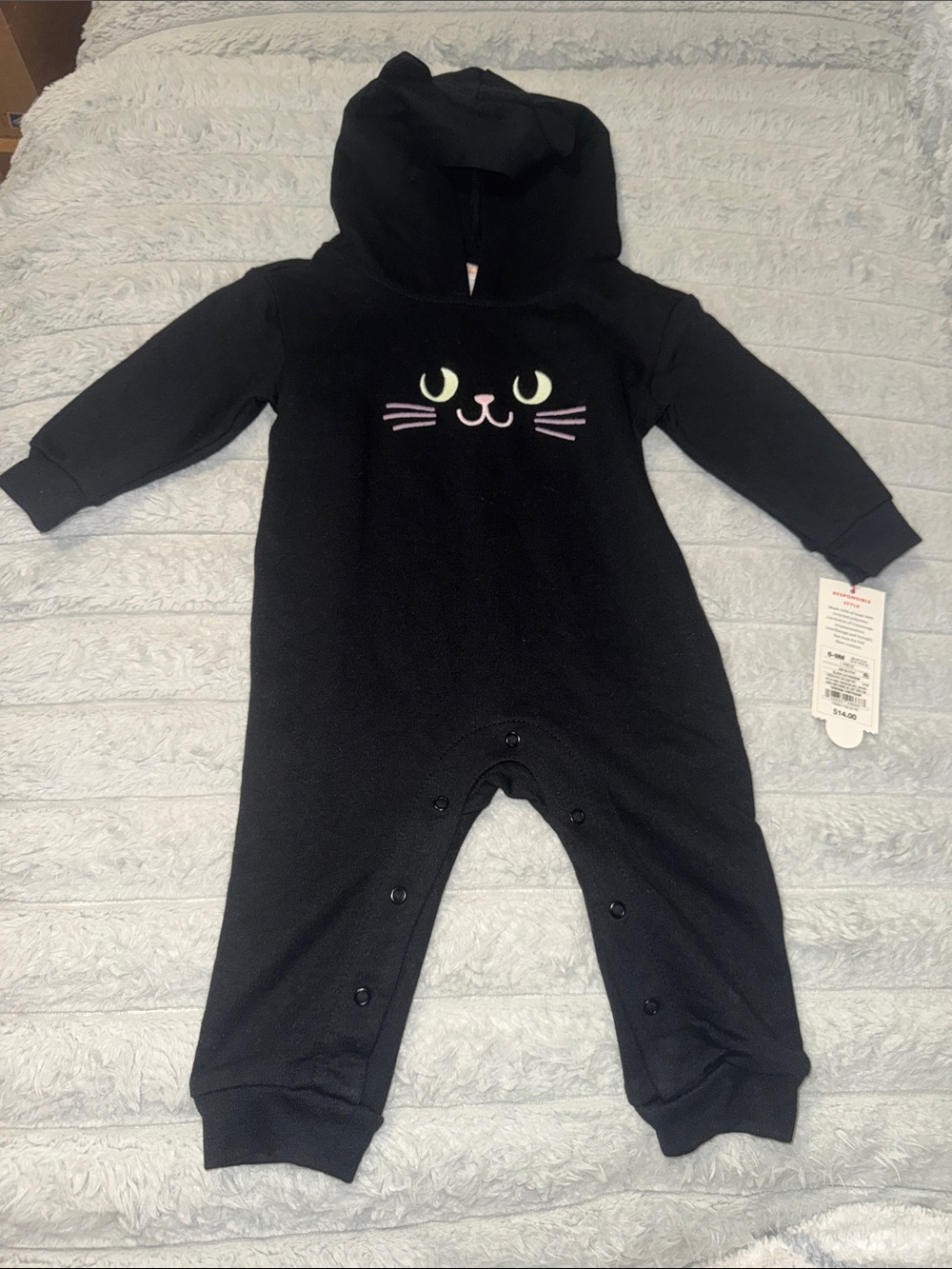 Cat & Jack Black Hooded Cat Face Baby One-Piece